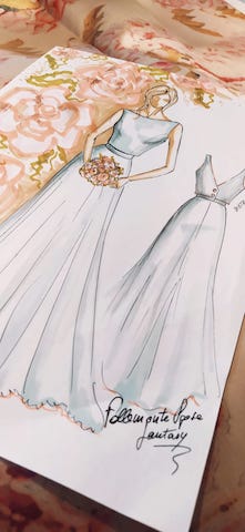 Schizzo abito da sposa spezzato con tessuto double face